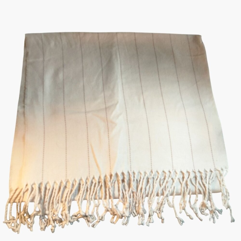 Wool Scarf Light Beige 20x78  Boho Large Warm Shawl Handwoven Knotted Fringe